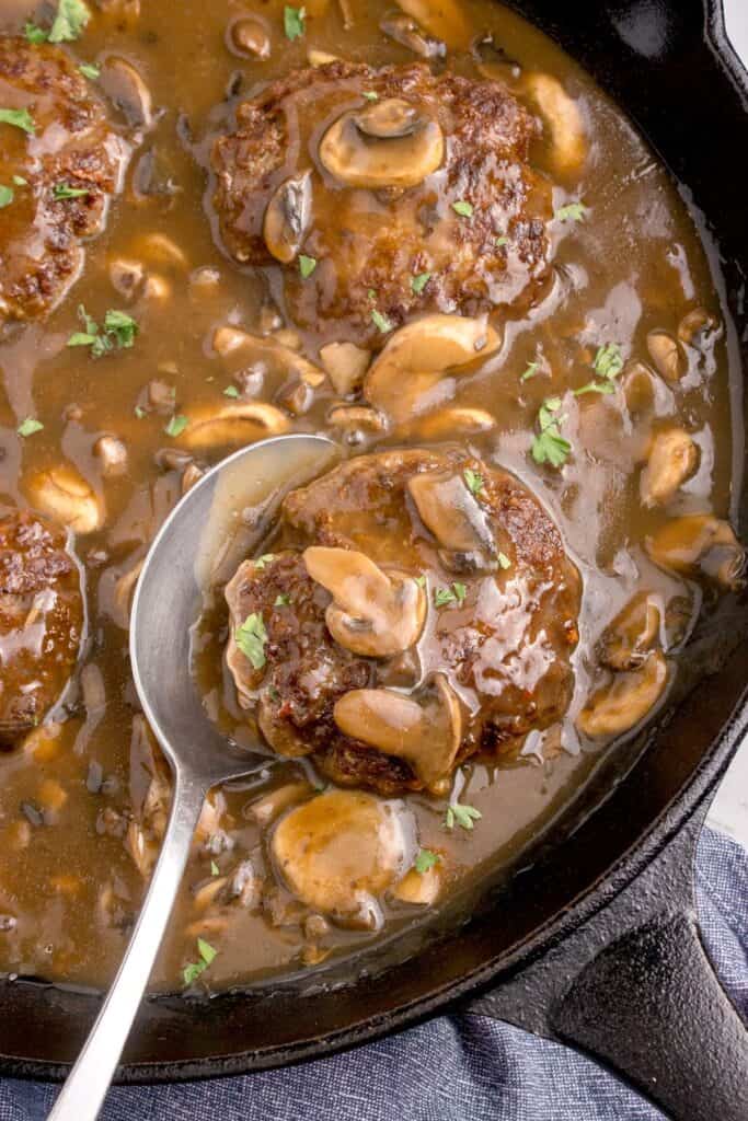 overhead shot of salisbury steak and gravy recipe
