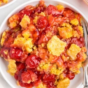 upclose shot of easy cherry dump cake