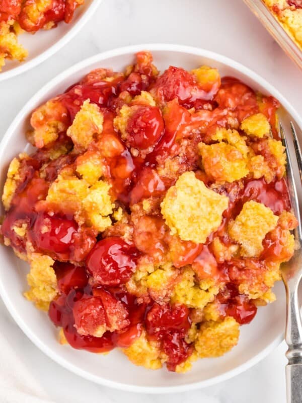 upclose shot of easy cherry dump cake