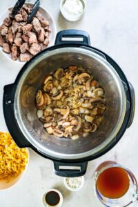 Mushrooms being cooked in the Instant Pot for the stroganoff.