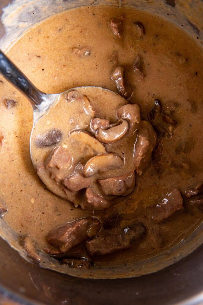 Beef stroganoff with mushrooms with a ladle in the Instant pot.