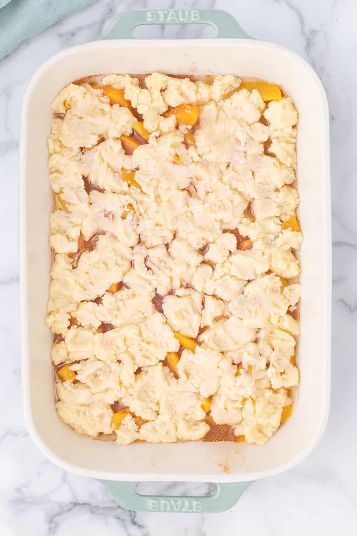 Canned peaches topped with the cake mix topping.