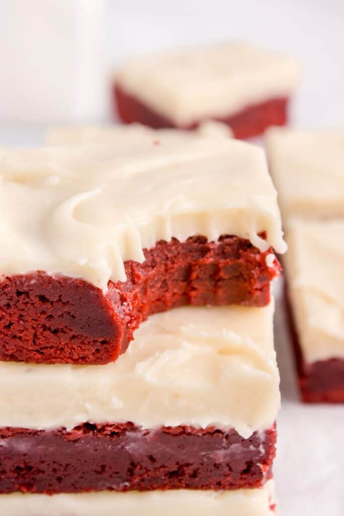 taking a bite out of iced red velvet brownie