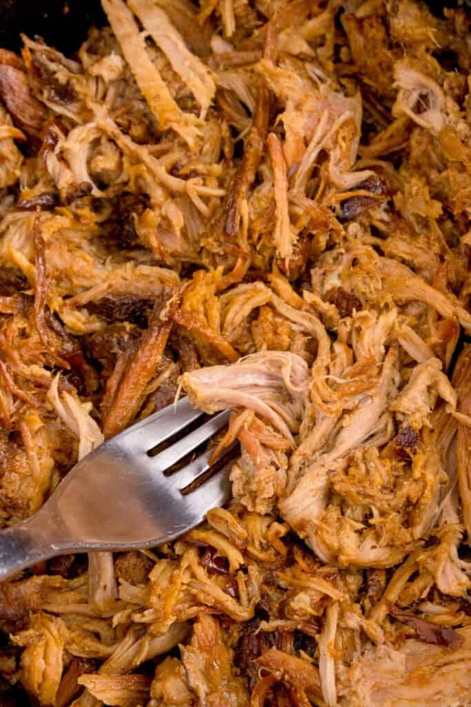 closeup of shredded pulled pork