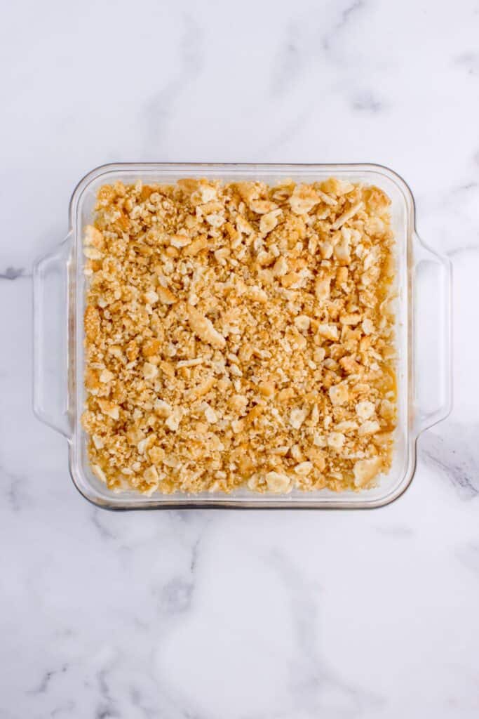 Pineapple casserole topped with crushed Ritz crackers.