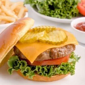 Air fryer hamburger on a patty with lettuce, tomato, cheese, and pickles.