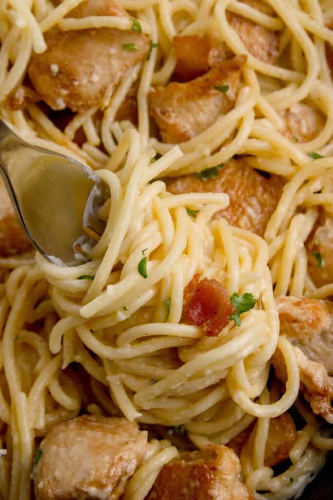 Close up of a fork lifting a bite of pasta on it.