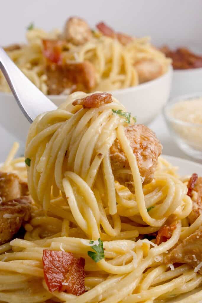 Close up of a fork lifting a bite of pasta on it.