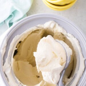 Ice cream insert bowl with homemade vanilla ice cream in it. Old fashioned scoop is lifting a serving out of the insert.