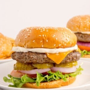 Bison burgers on white dinner plates.
