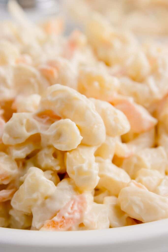 Close up of macaroni salad to show detail.