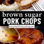 brown sugar pork chops on a plate cut open and then in a pan having the brown sugar sauce being poured on top.