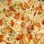 easy chicken carbonara in a cast iron skillet, cooked.