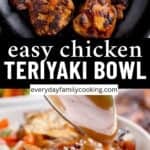 easy chicken teriyaki bowl with chicken being pan fried and sauce being poured on the chicken.