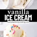 two pictures of vanilla ice cream coming out of the ice cream maker and on a cone with rainbow sprinkles.