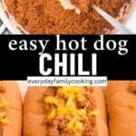 easy hot dog chili in a sauce pan and also on a hot dog with cheese bitten into.