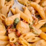 Serving spoon of chicken penne pasta.