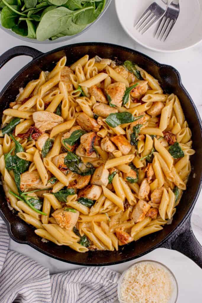 Cast iron pan with creamy penne pasta and chicken.
