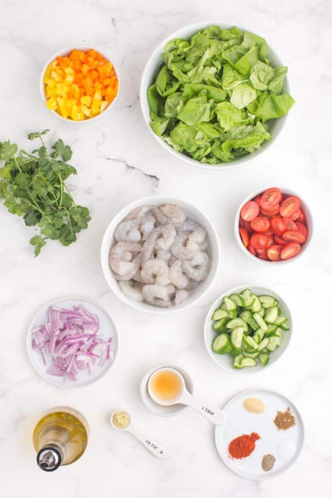 Ingredients for shrimp salad: apple cider vinegar, olive oil, dijon mustard, butter lettuce, bell pepper, mini cucumbers, cherry tomatoes, purple onion, fresh herbs, shrimp, paprika, garlic, cumin, salt, pepper, and oil.