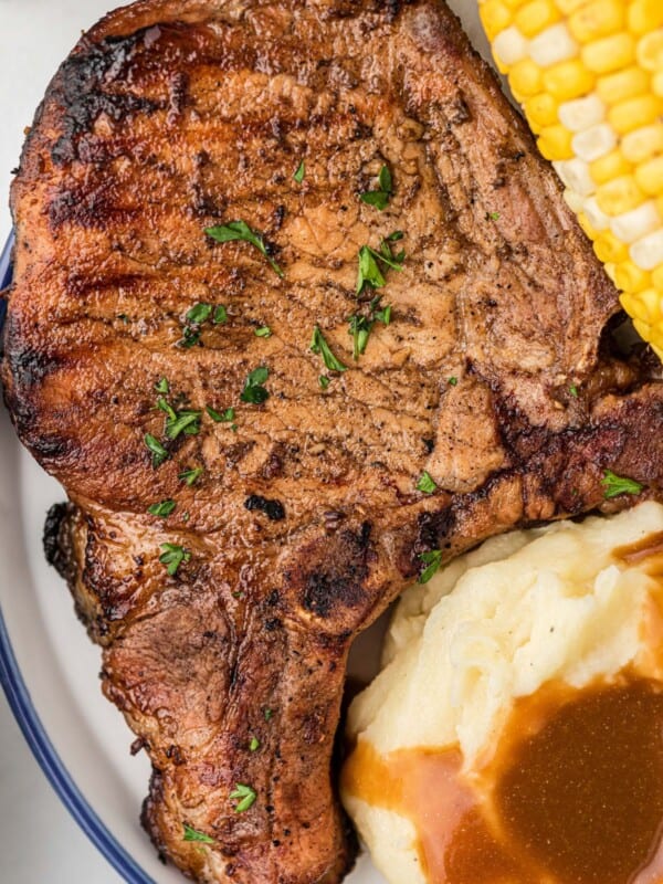 A white and blue dinner plate with a large pork chop on it.