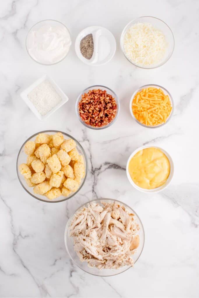 Ingredients for chicken tater tot casserole: rotisserie chicken, bacon bits, ranch dressing mix, mozzarella cheese, cheddar cheese, cream of chicken soup, sour cream, tater tots, salt and pepper.