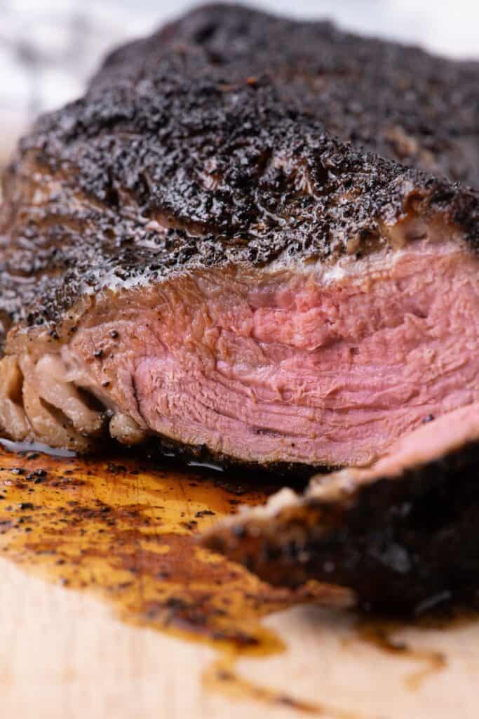 Cooked tri tip and sliced to show interior.