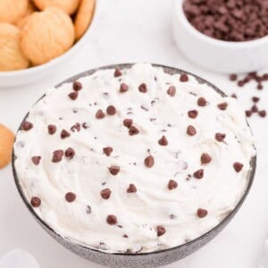 A bowl of completed cookie dough dip with sprinkled chocolate chips on top.