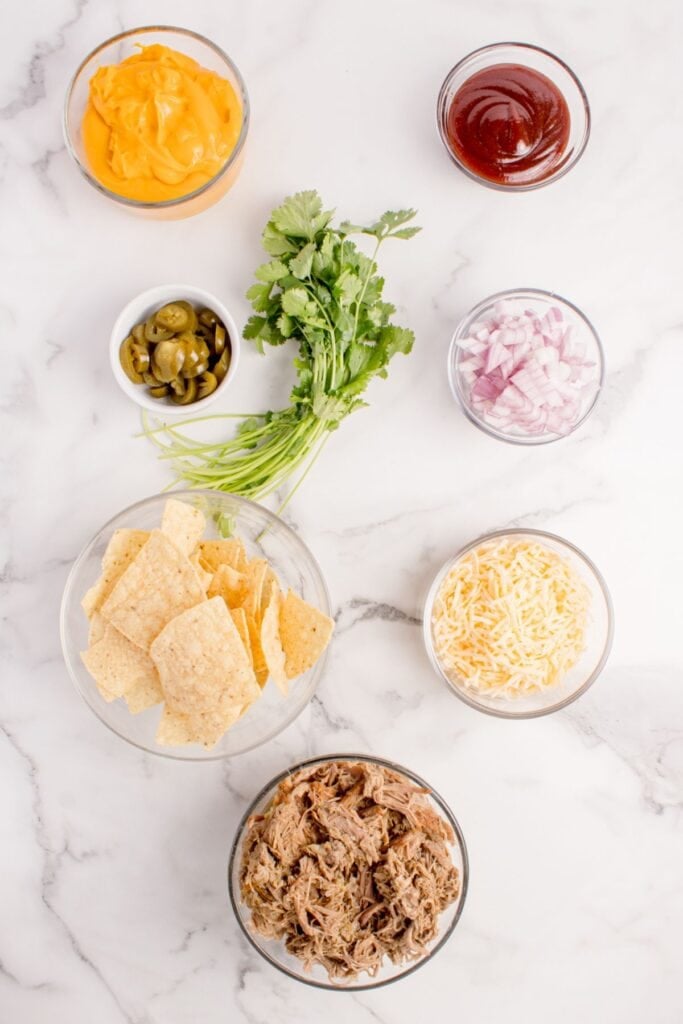 Ingredients for pulled pork nachos: Nacho cheese, BBQ sauce, pickled jalapenos, red onion, tortilla chips, shredded cheese, and pulled pork.