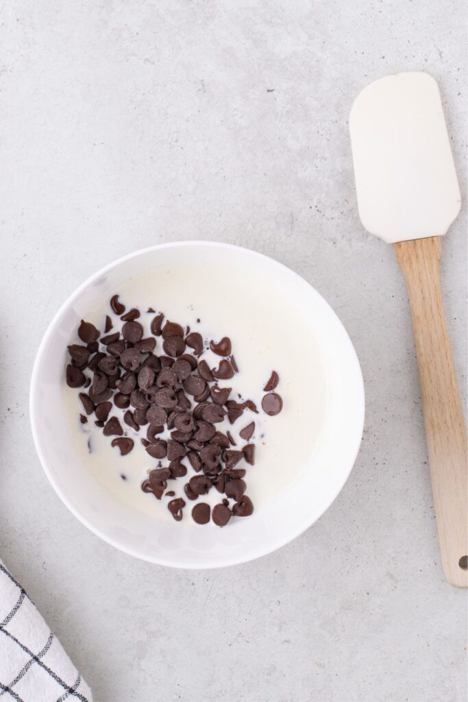A small white bowl with heavy cream and chocolate chips.