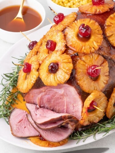 Completed and sliced pineapple glazed ham.