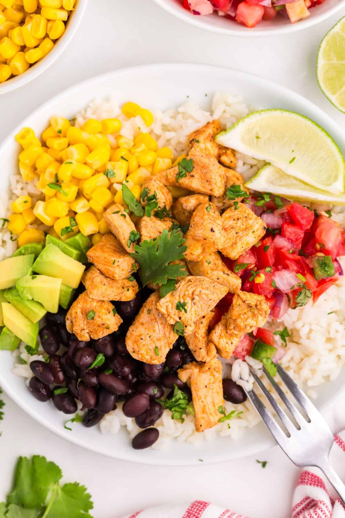 Assembled chicken burrito bowl.