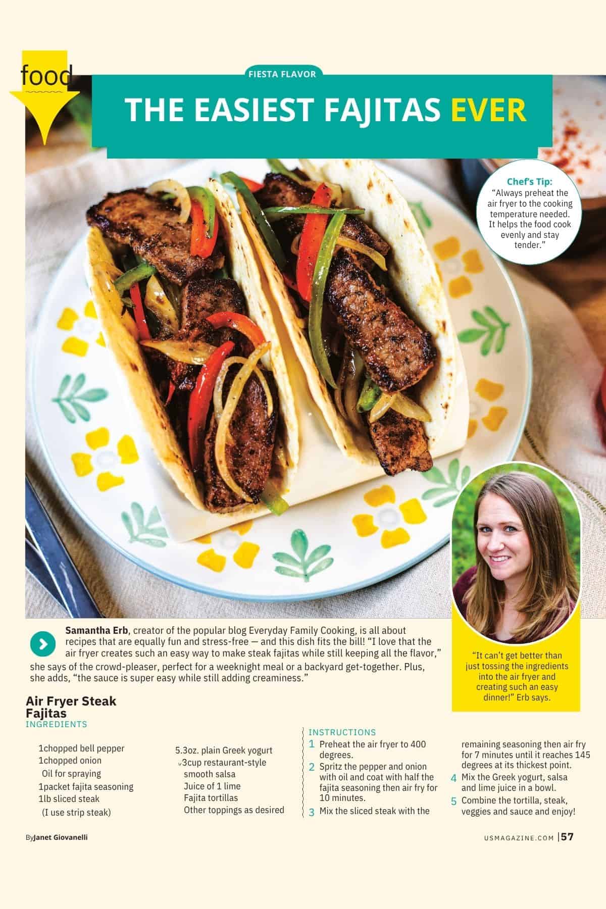 Samantha Erb's air fryer steak fajitas being featured in US Weekly magazine.