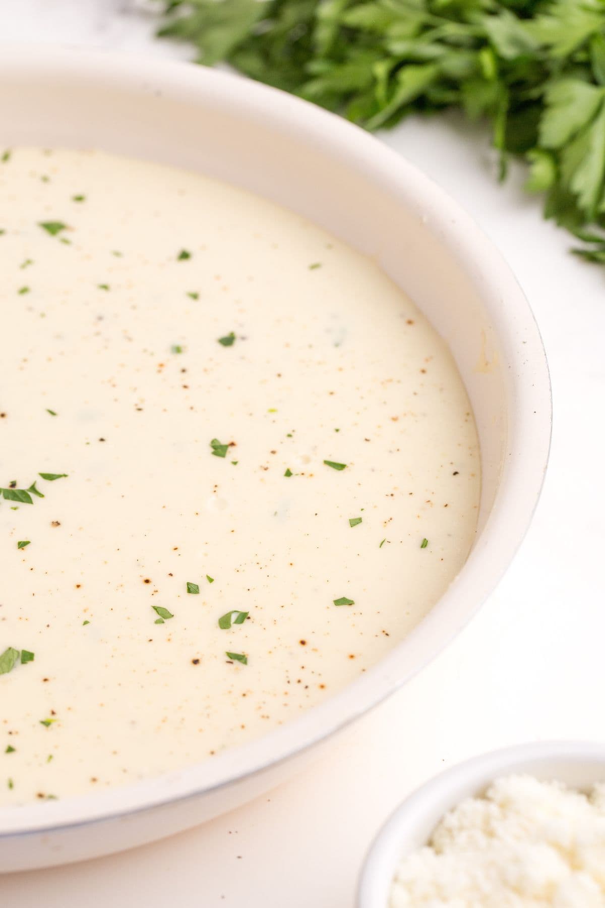 Completed alfredo sauce, garnished with parsley, in a white pasta bowl. The bowl is surrounded by a bunch of fresh parsley and a small bowl of parmesan cheese.