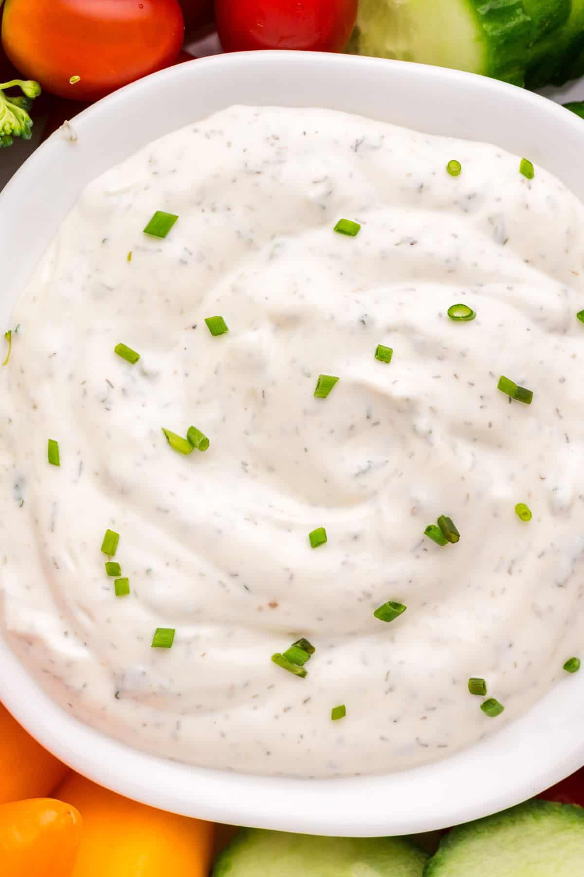 Closeup of the ranch dip recipe so you can see the thick and creamy texture of it.